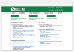 Home page of Safety 101 where you can add a safety incident, audit a corrective action or add a work restriction