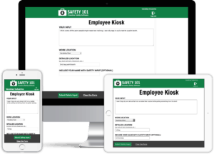 The Safety 101 employee kiosk is available on desktop, tablet or mobile phone browsers to encourage employee participation in your safety program.