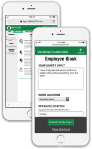 Access the Safety 101 application or the employee kiosk on a mobile phone to submit incidents or report observed hazards