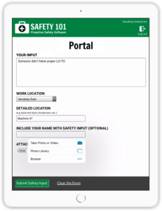 Use a tablet web browser to access the Safety 101 employee kiosk and share safety input and report observed hazards