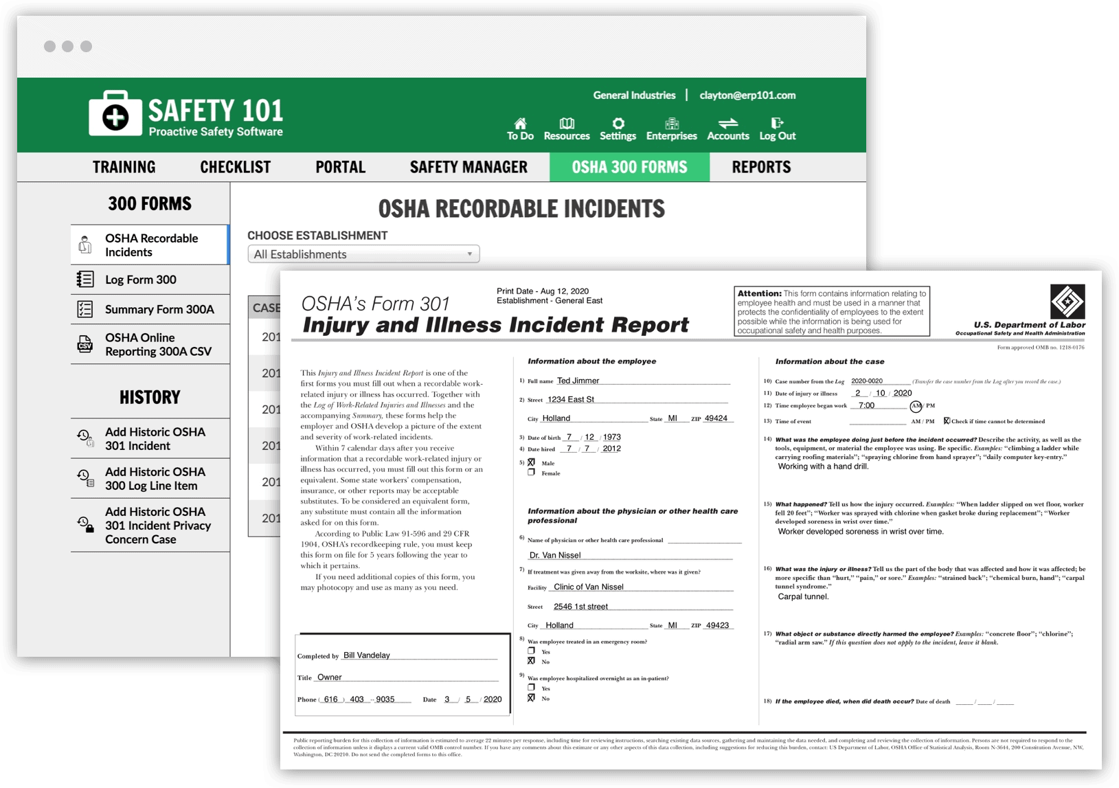Two screens of Safety 101's software that show capability to generate all your OSHA 300 injury forms